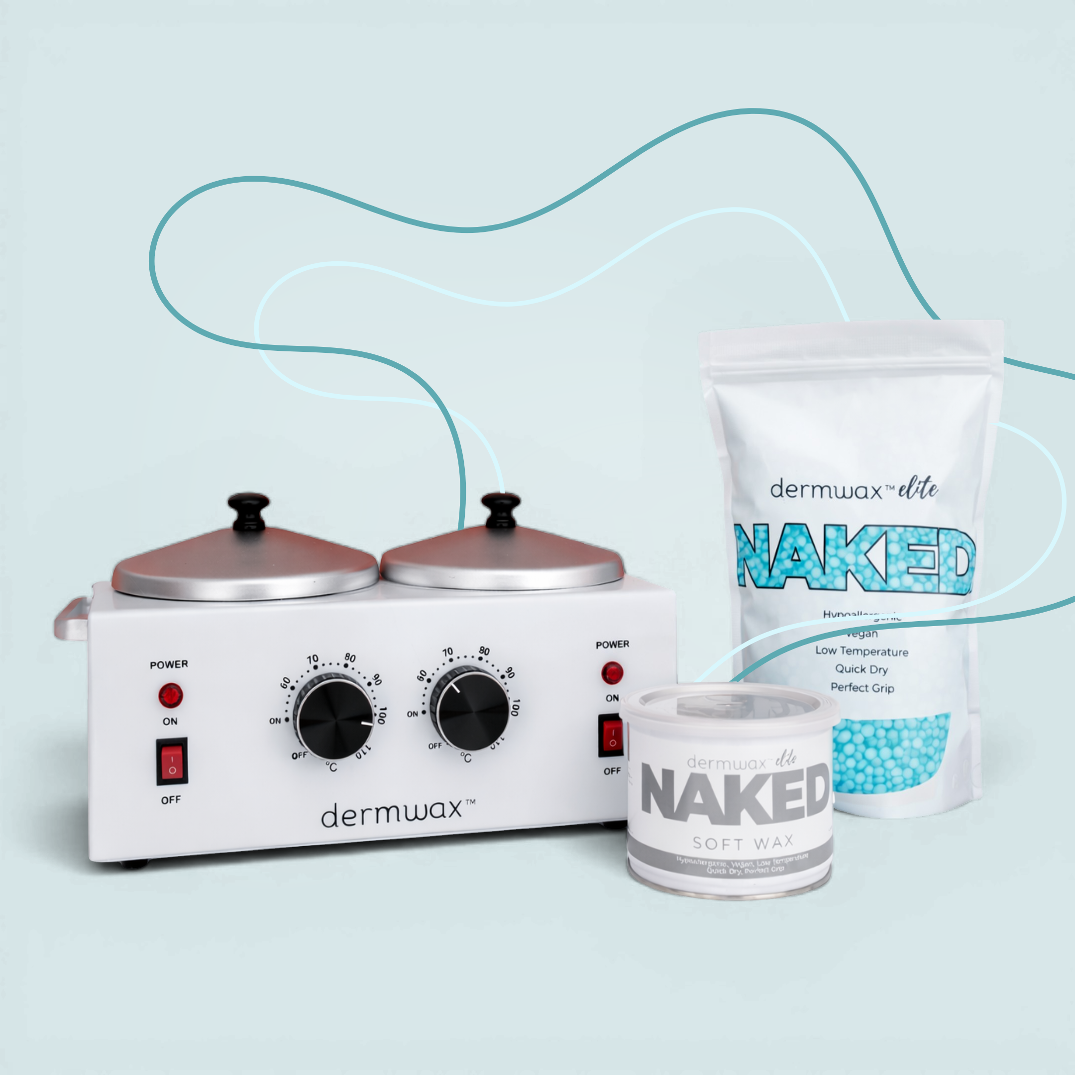 Spa Order Dermwax hair removal equipment with Naked soft wax on a light blue background